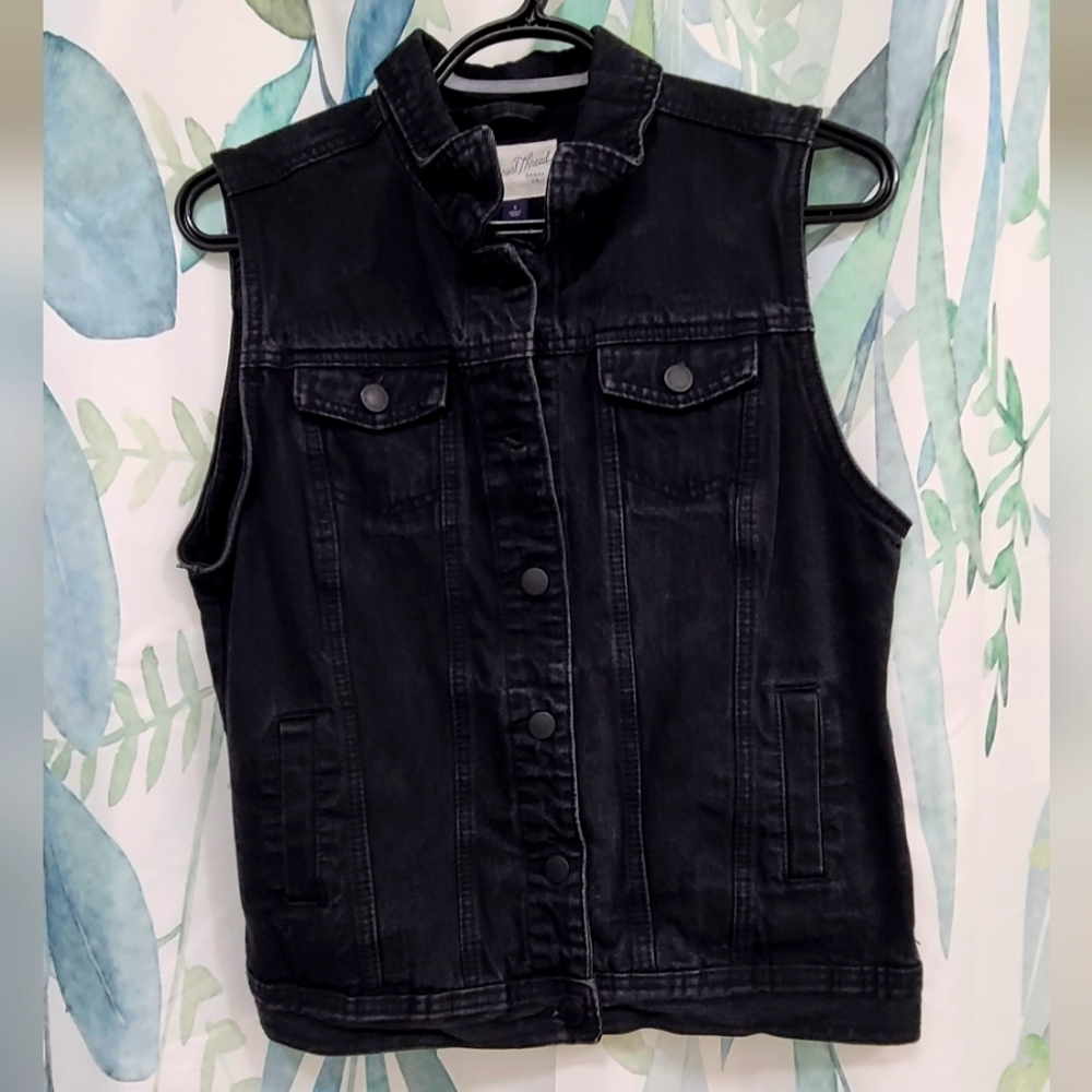 Black denim button up vest